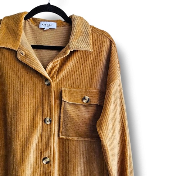 GILLI Velvet Velour Ribbed Mustard Yellow Collared Button Down Top Size Small - Picture 2 of 5